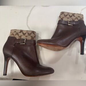 Coach Brown Leather Heeled Boots with Patterned Cuff